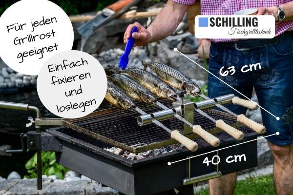 Steckerlfisch Grillaufsatz für 4 Fische I Edelstahlspieß I Gas- und Kohlegrill